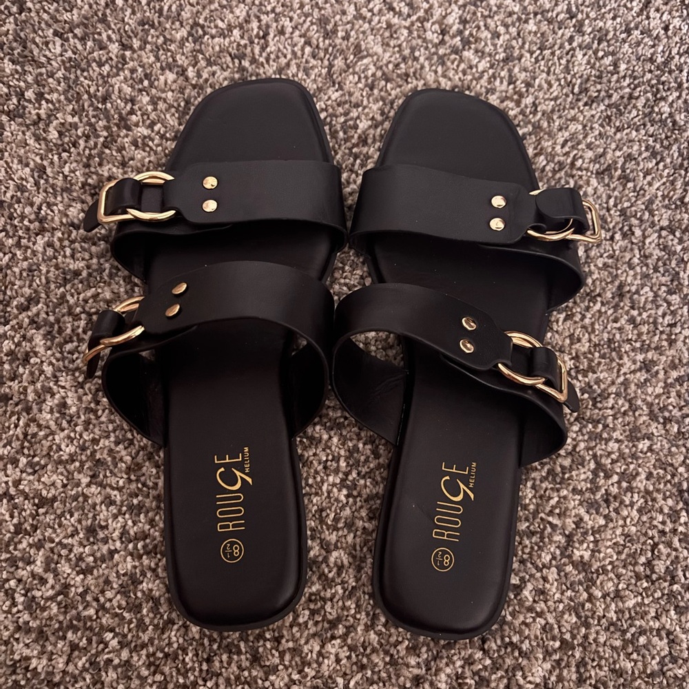 Rouge Helium Black Sandals with Gold Buckles